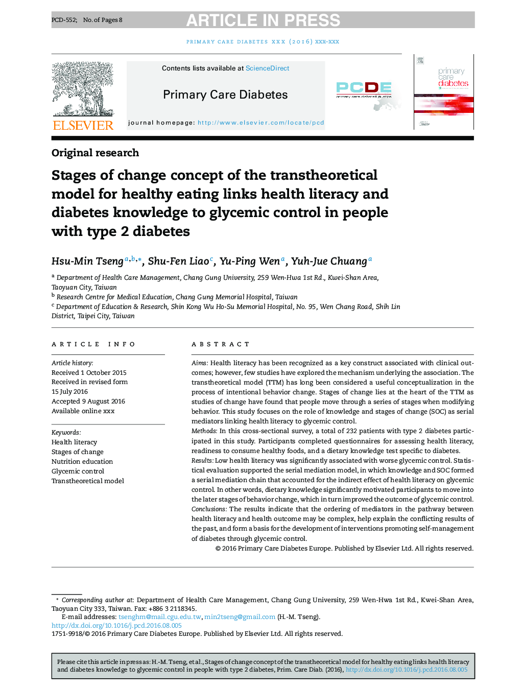 Stages of change concept of the transtheoretical model for healthy eating links health literacy and diabetes knowledge to glycemic control in people with type 2 diabetes