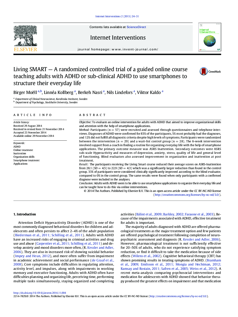 Living SMART — A randomized controlled trial of a guided online course teaching adults with ADHD or sub-clinical ADHD to use smartphones to structure their everyday life