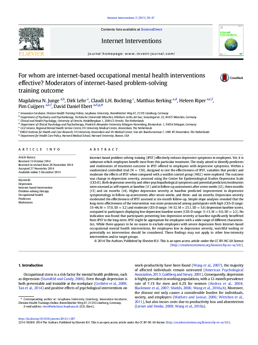 For whom are internet-based occupational mental health interventions effective? Moderators of internet-based problem-solving training outcome