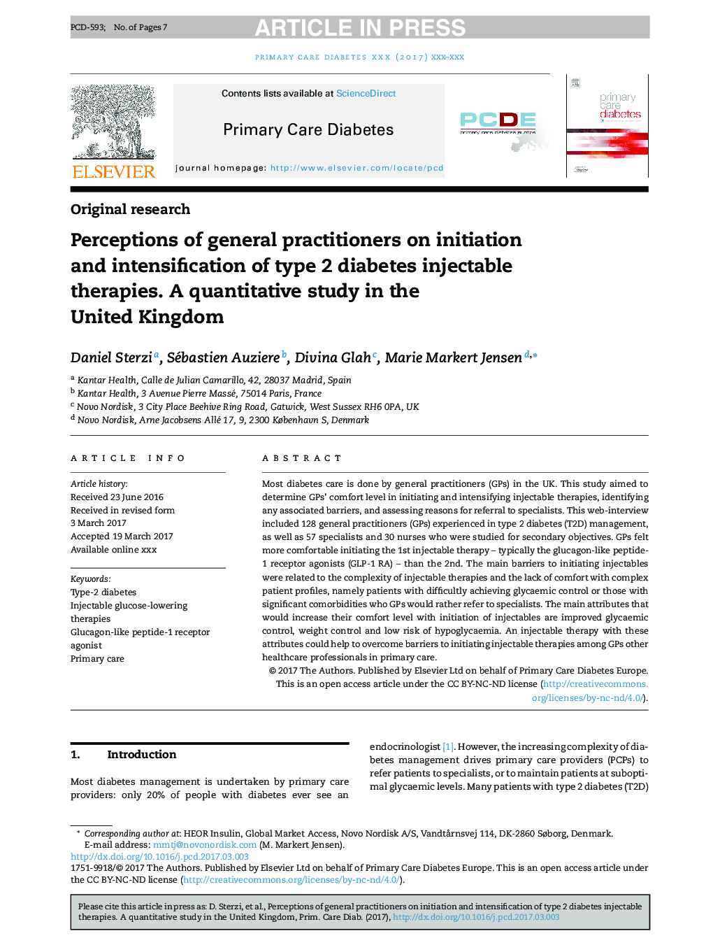 Perceptions of general practitioners on initiation and intensification of type 2 diabetes injectable therapies. A quantitative study in the United Kingdom