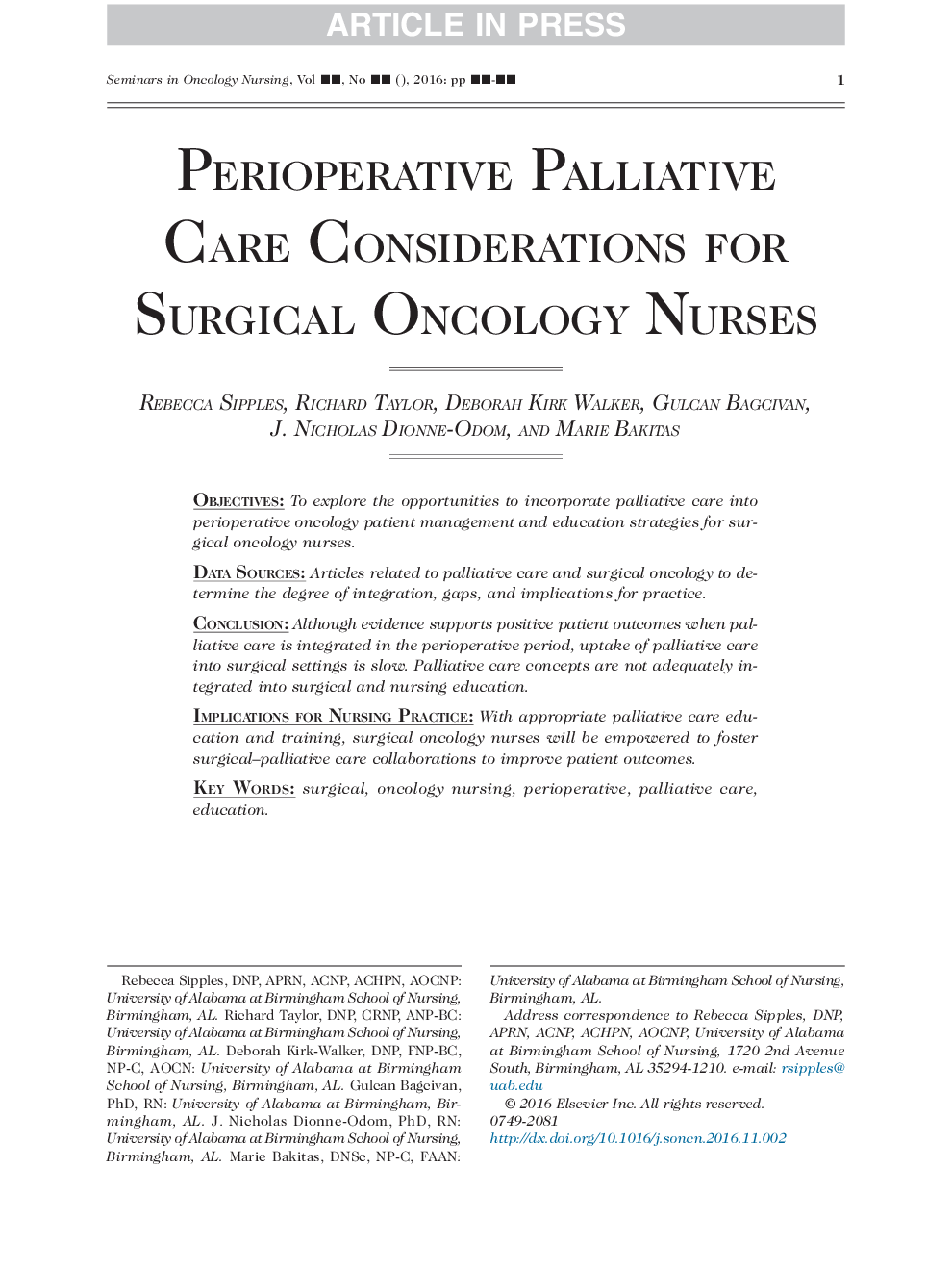 Perioperative Palliative Care Considerations for Surgical Oncology Nurses