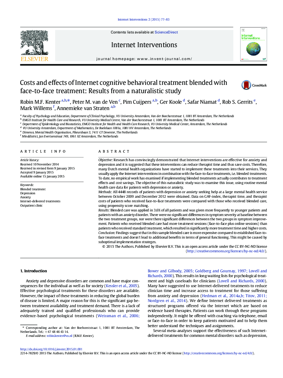 Costs and effects of Internet cognitive behavioral treatment blended with face-to-face treatment: Results from a naturalistic study