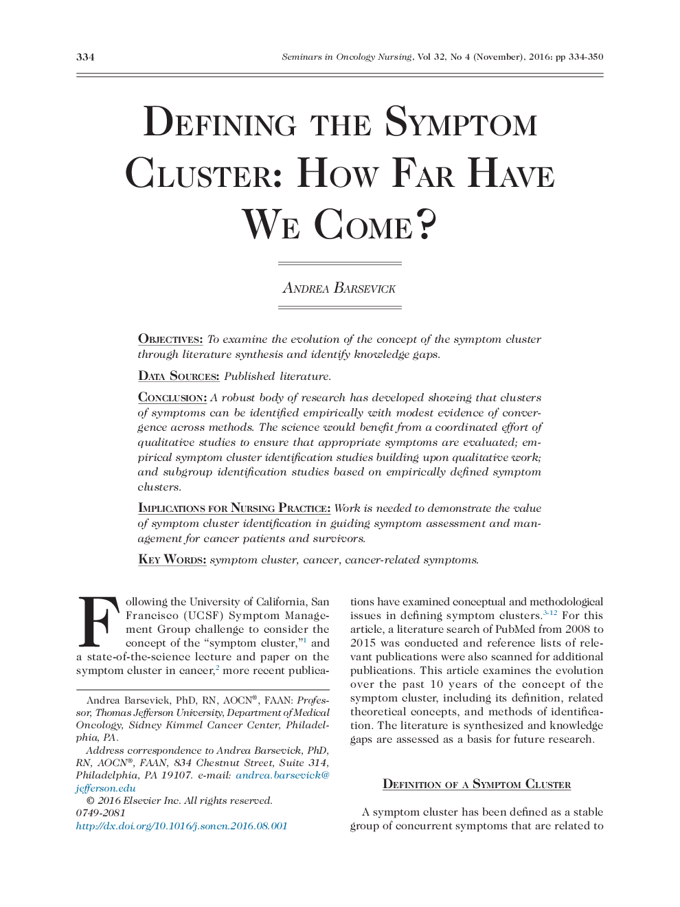 Defining the Symptom Cluster: How Far Have We Come?