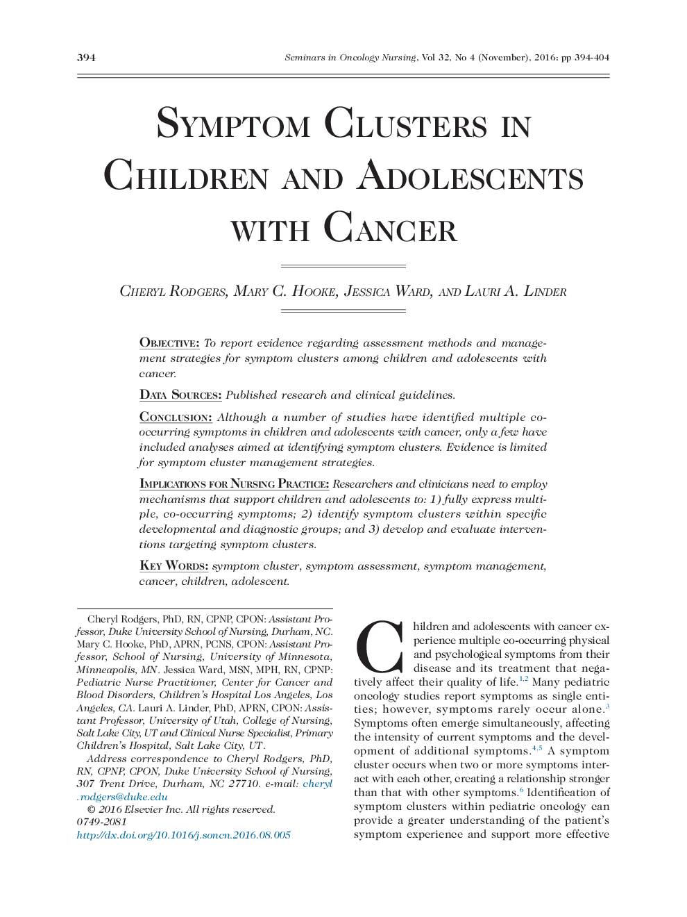 خوشه های علائم در کودکان و نوجوانان مبتلا به سرطان 