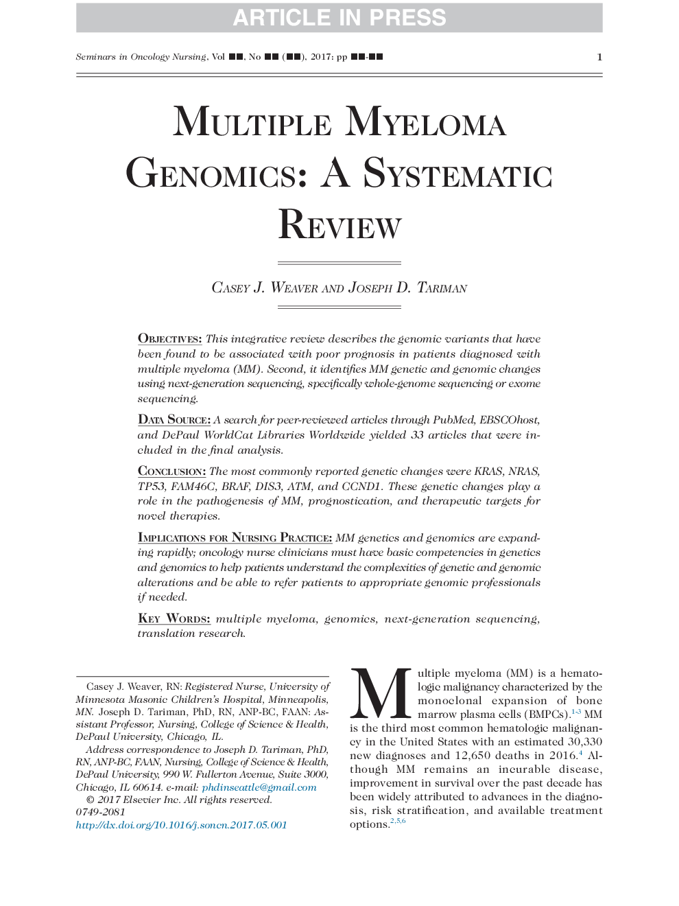 Multiple Myeloma Genomics: A Systematic Review