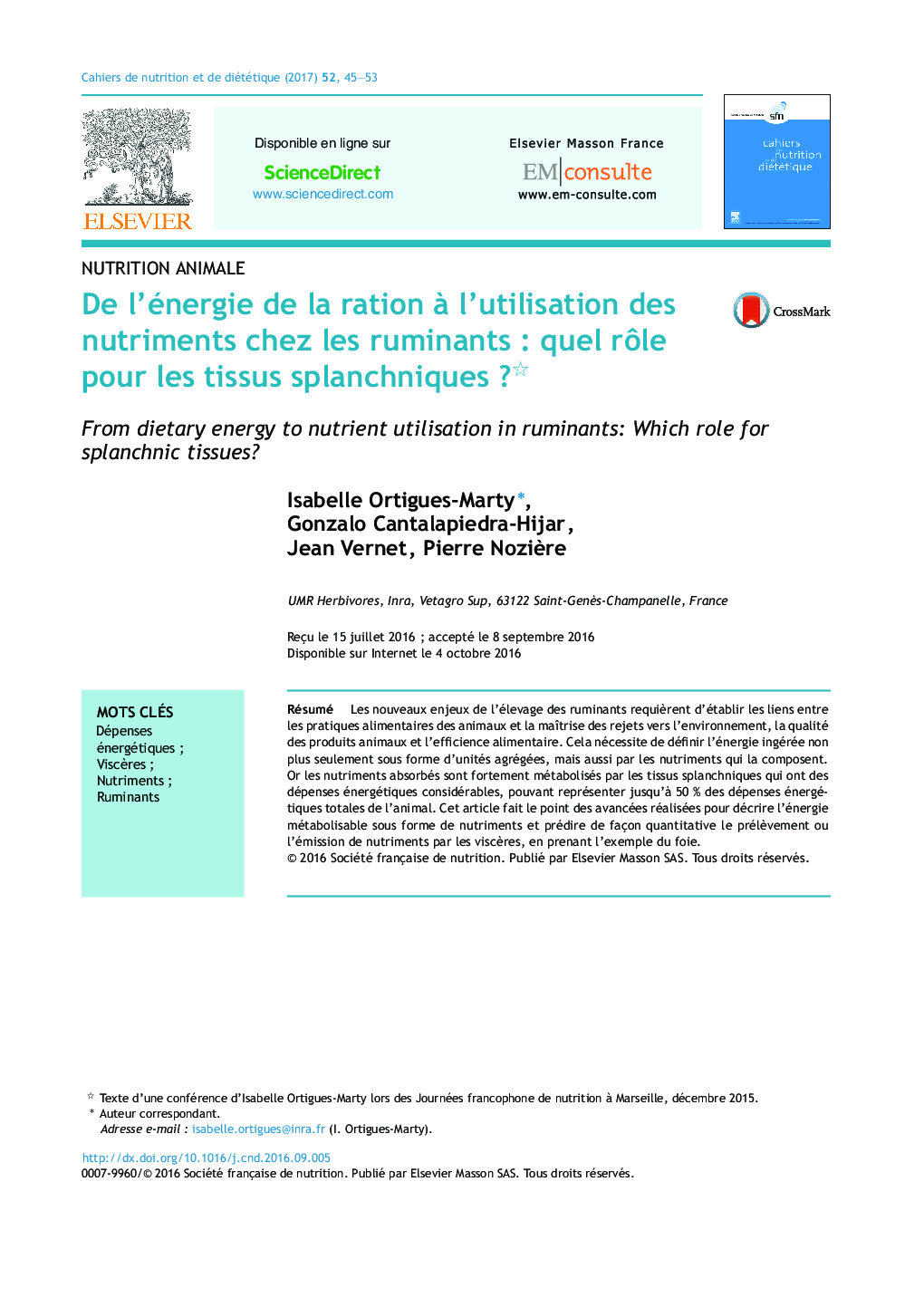 De l'énergie de la ration Ã  l'utilisation des nutriments chez les ruminantsÂ : quel rÃ´le pour les tissus splanchniquesÂ ?