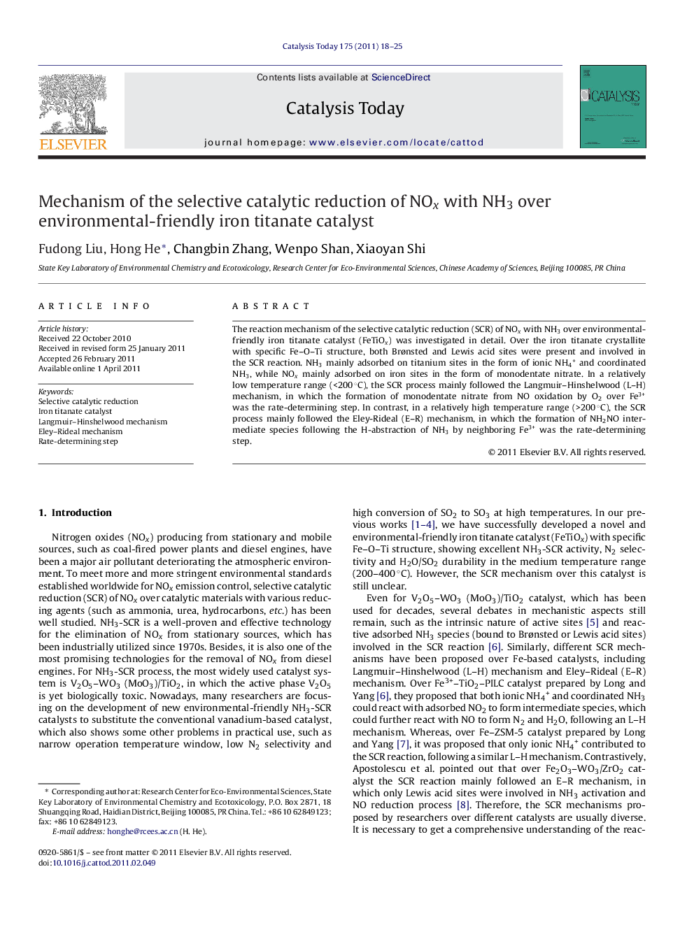 Mechanism of the selective catalytic reduction of NOx with NH3 over environmental-friendly iron titanate catalyst