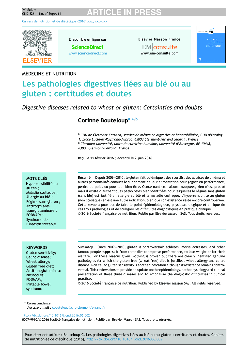 Les pathologies digestives liées au blé ou au glutenÂ : certitudes et doutes