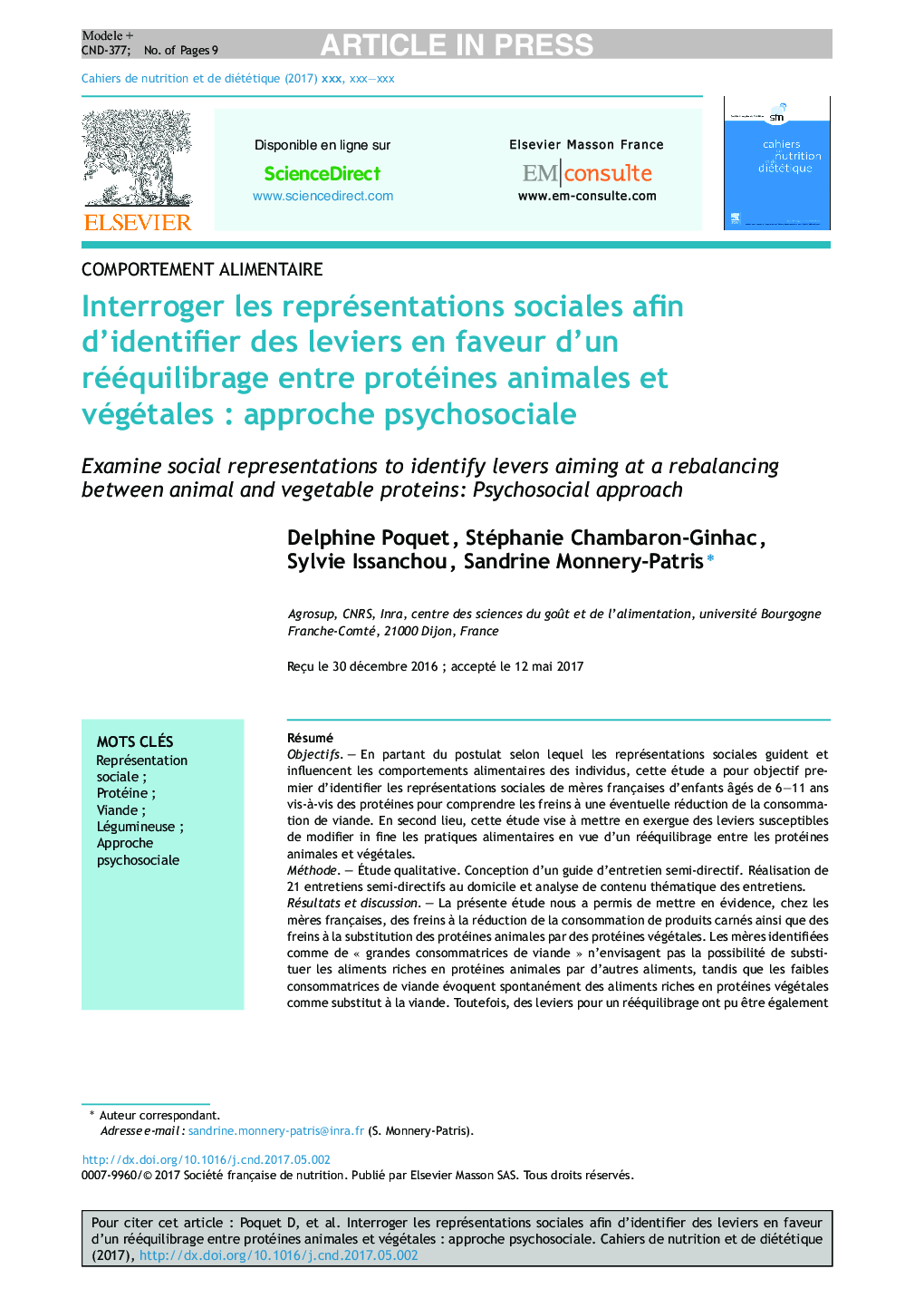 Interroger les représentations sociales afin d'identifier des leviers en faveur d'un rééquilibrage entre protéines animales et végétalesÂ : approche psychosociale