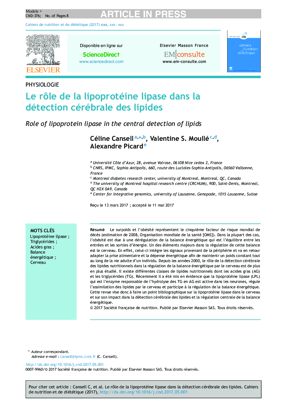 Le rÃ´le de la lipoprotéine lipase dans la détection cérébrale des lipides