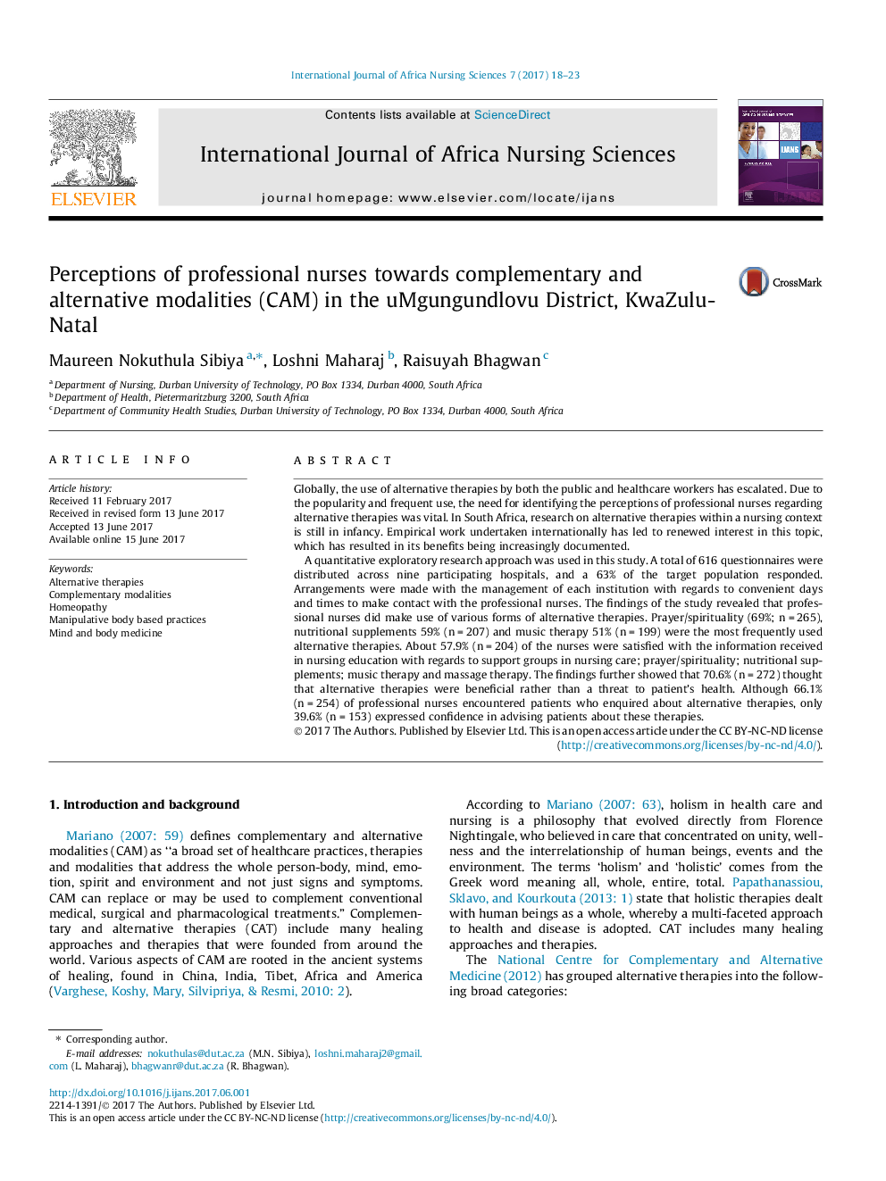 Perceptions of professional nurses towards complementary and alternative modalities (CAM) in the uMgungundlovu District, KwaZulu-Natal