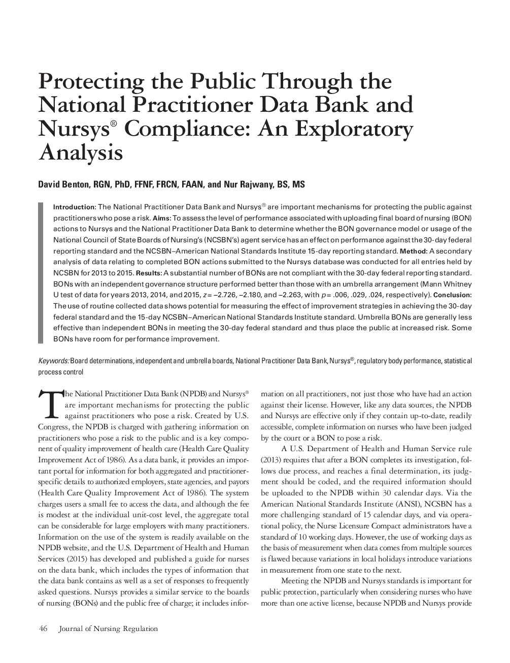 Protecting the Public Through the National Practitioner Data Bank and Nursys® Compliance: An Exploratory Analysis