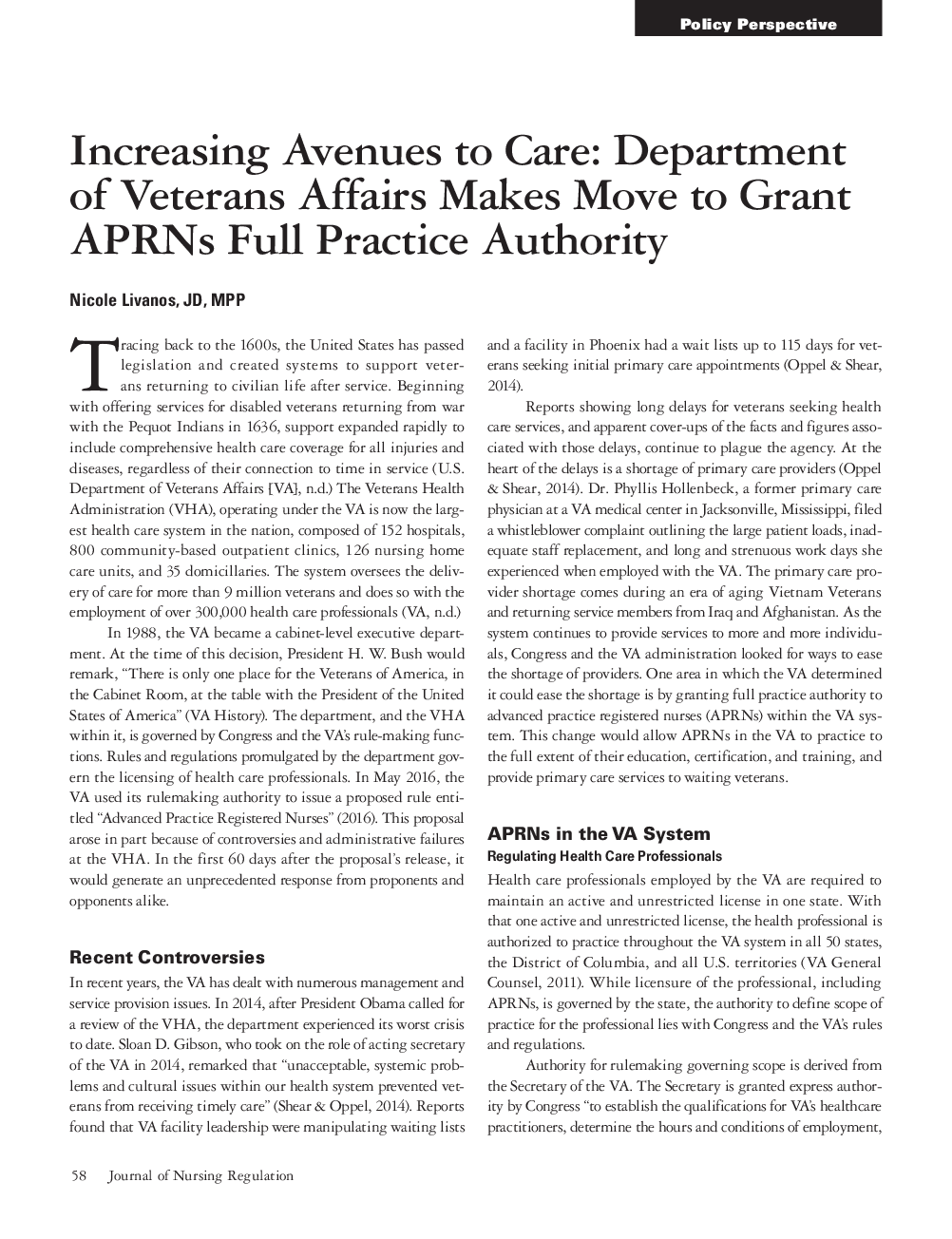 عکس صفحه اول مقاله: Increasing Avenues to Care: Department of Veterans Affairs Makes Move to Grant APRNs Full Practice Authority Increasing Avenues to Care: Department of Veterans Affairs Makes Move to Grant APRNs Full Practice Authority