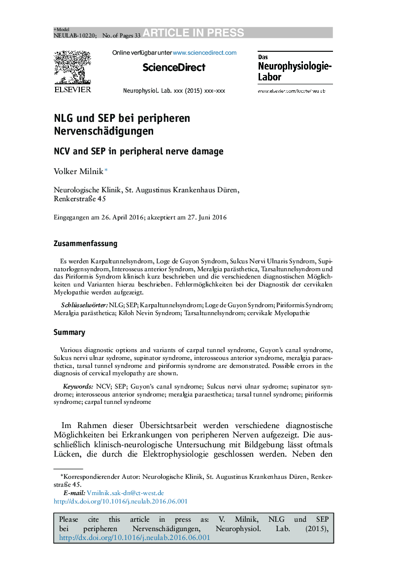 NLG und SEP bei peripheren Nervenschädigungen