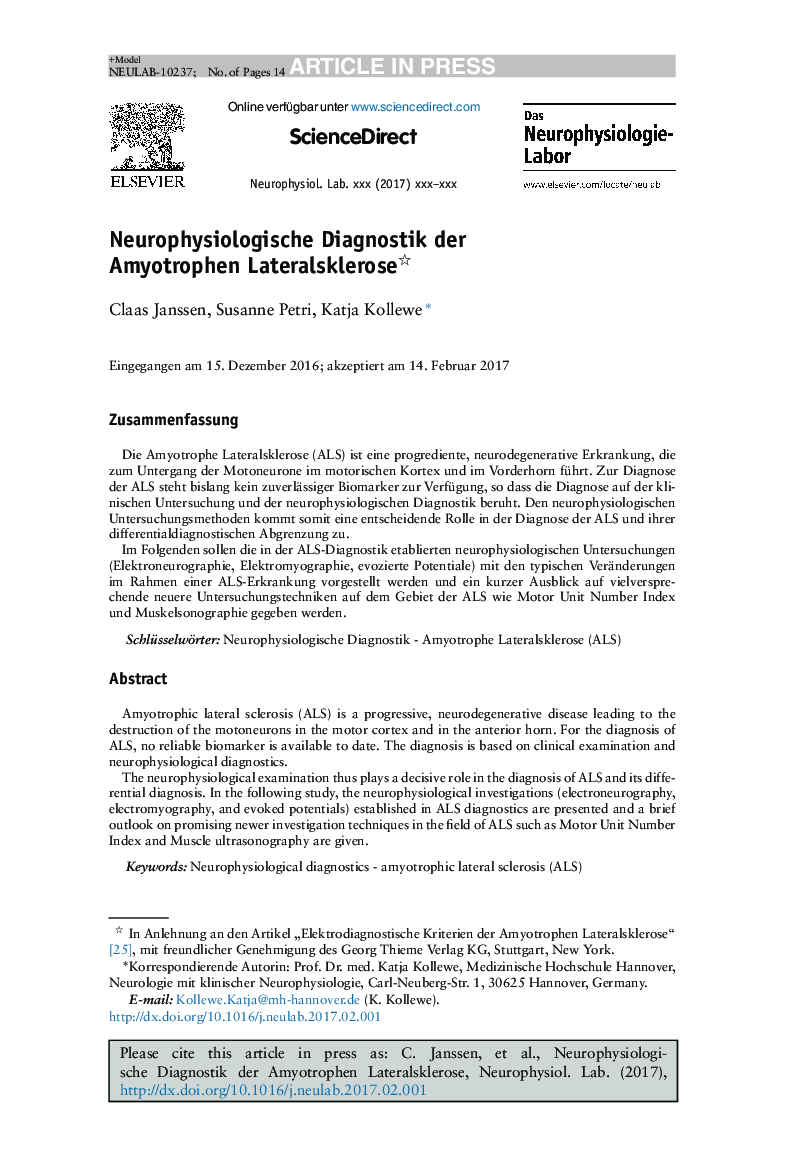 Neurophysiologische Diagnostik der Amyotrophen Lateralsklerose