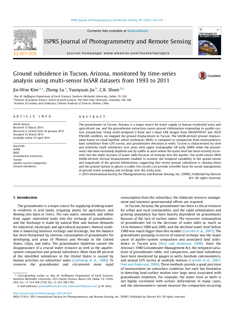 Ground subsidence in Tucson, Arizona, monitored by time-series analysis using multi-sensor InSAR datasets from 1993 to 2011