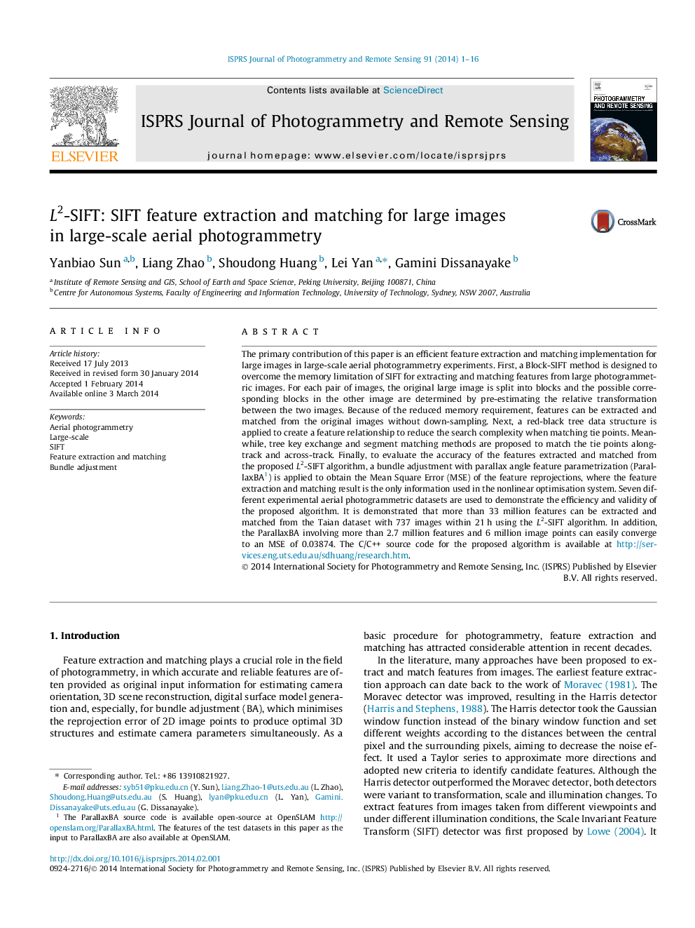 L2L2-SIFT: SIFT feature extraction and matching for large images in large-scale aerial photogrammetry