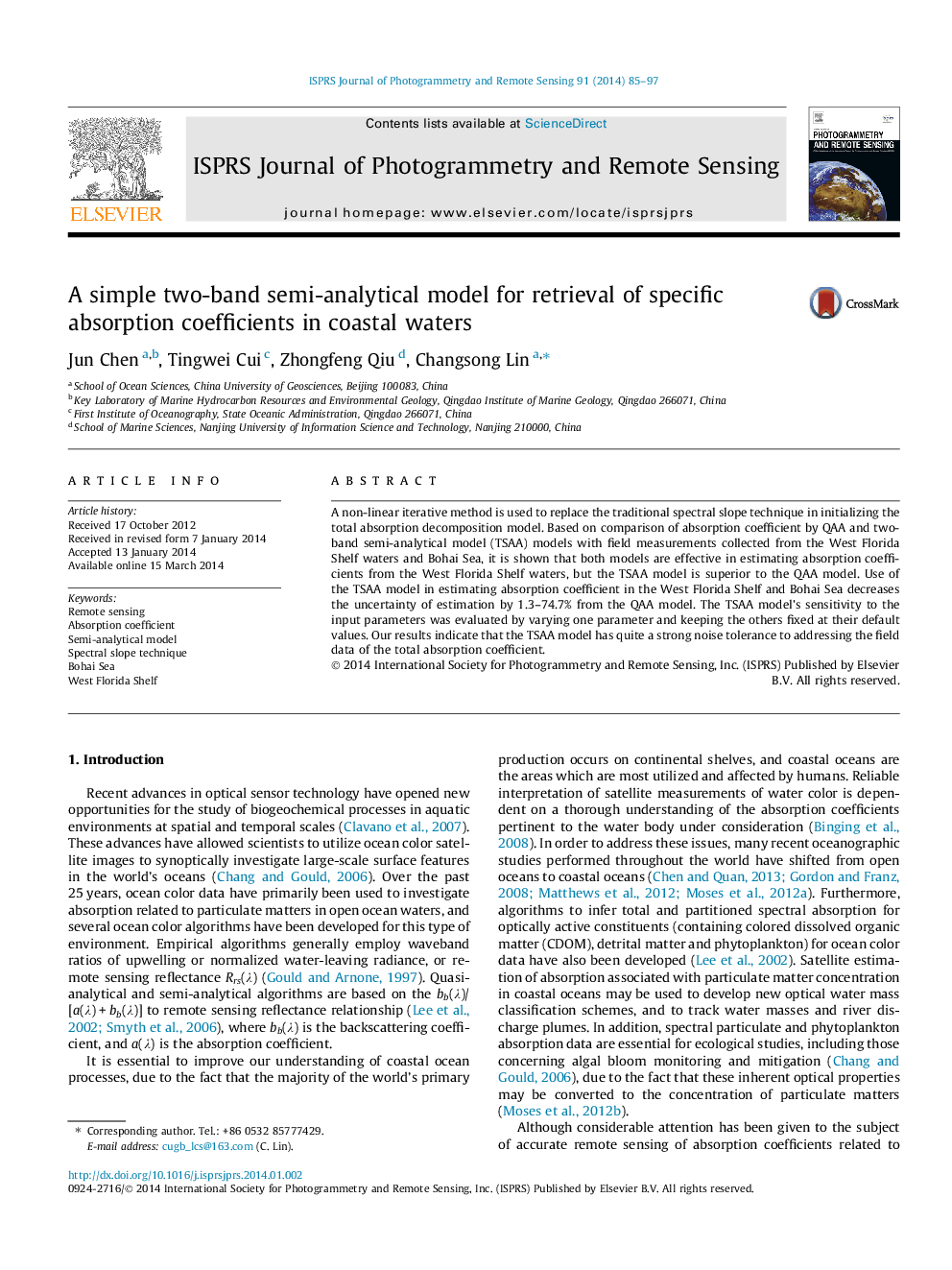 A simple two-band semi-analytical model for retrieval of specific absorption coefficients in coastal waters