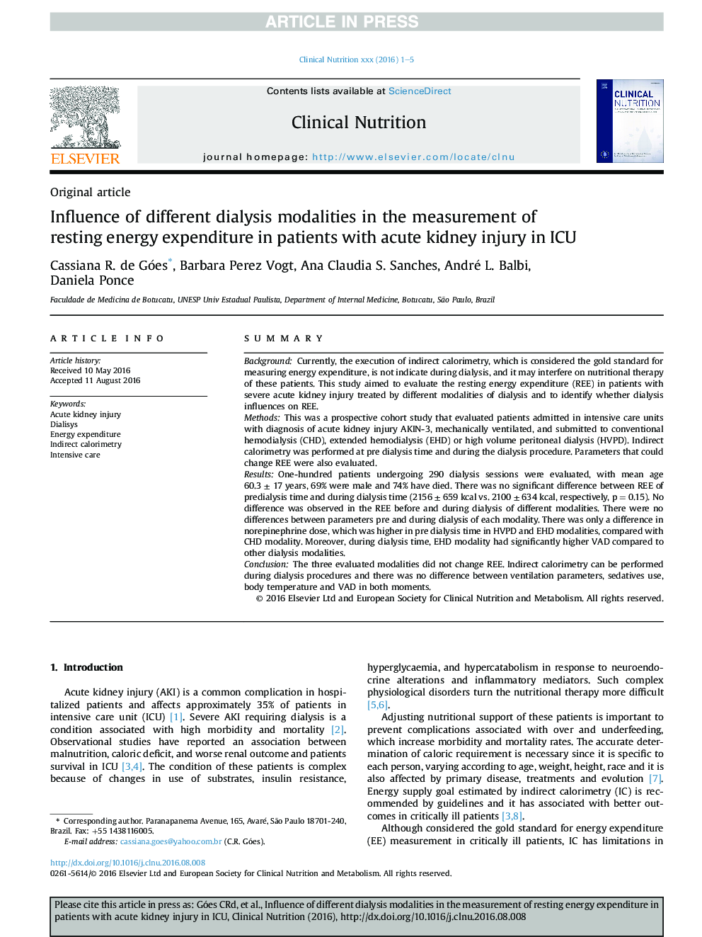 Influence of different dialysis modalities in the measurement of resting energy expenditure in patients with acute kidney injury in ICU