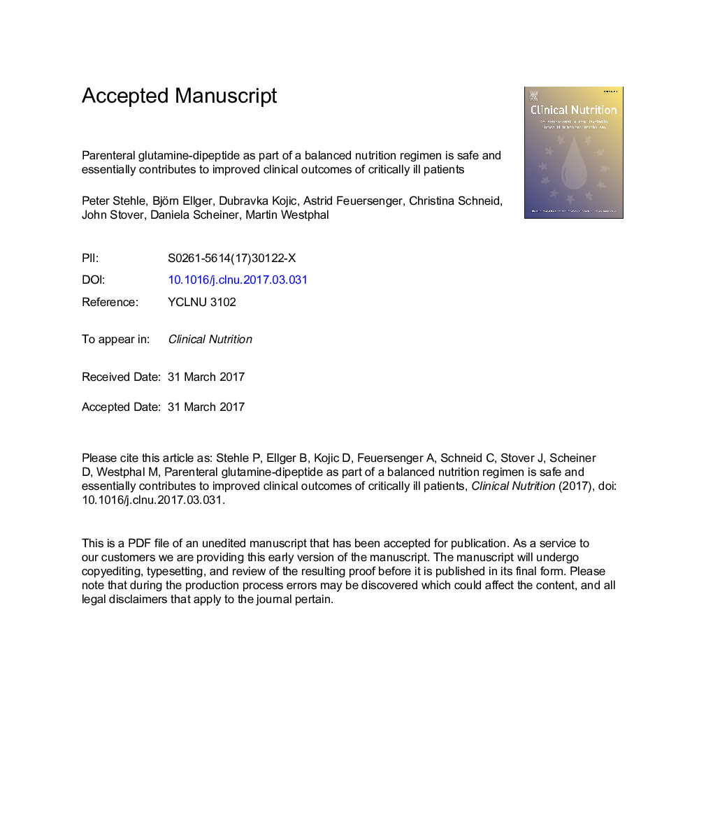 عکس صفحه اول مقاله: Reply-Letter to the Editor-Glutamine dipeptide-supplemented parenteral nutrition improves the clinical outcomes of critically ill patients: AÂ systematic evaluation of randomised controlled trials Reply-Letter to the Editor-Glutamine dipeptide-supplemented parenteral nutrition improves the clinical outcomes of critically ill patients: AÂ systematic evaluation of randomised controlled trials