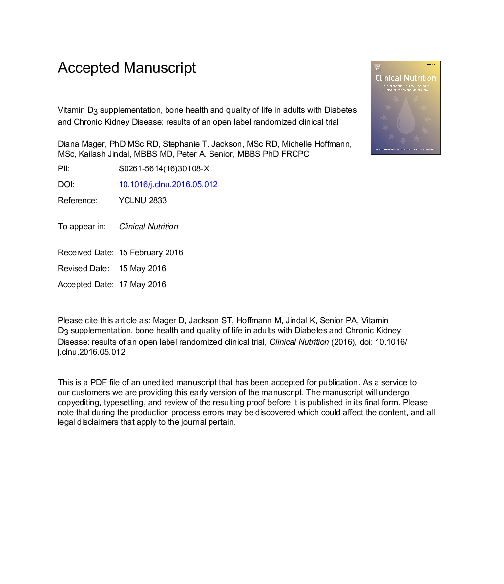 Vitamin D3 supplementation, bone health and quality of life in adults with diabetes and chronic kidney disease: Results of an open label randomized clinical trial