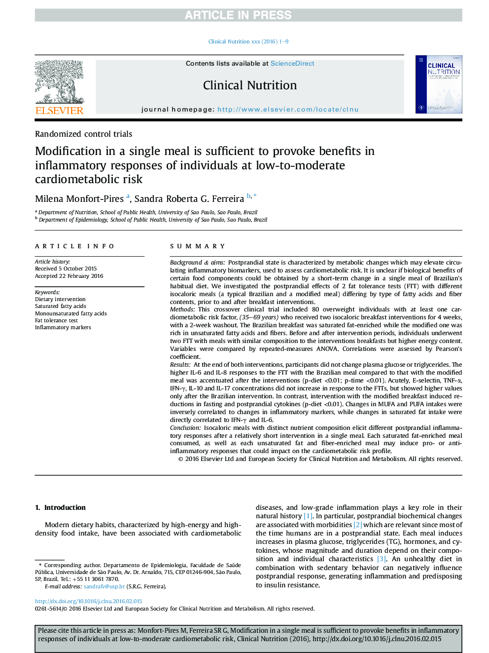 Modification in a single meal is sufficient to provoke benefits in inflammatory responses of individuals at low-to-moderate cardiometabolic risk