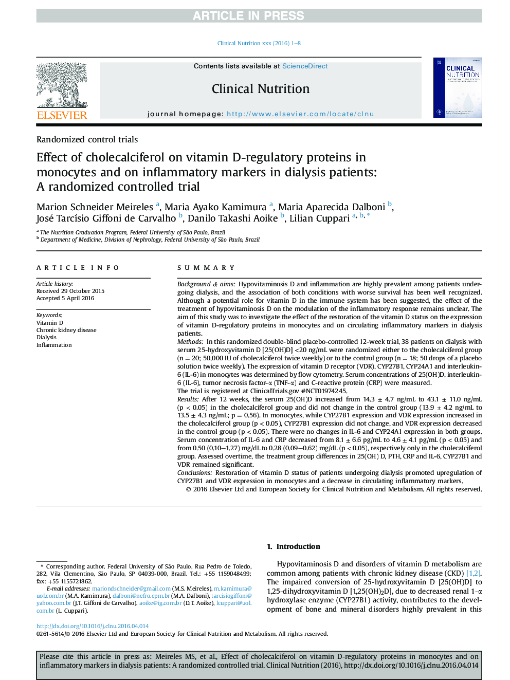 Effect of cholecalciferol on vitamin D-regulatory proteins in monocytes and on inflammatory markers in dialysis patients: A randomized controlled trial