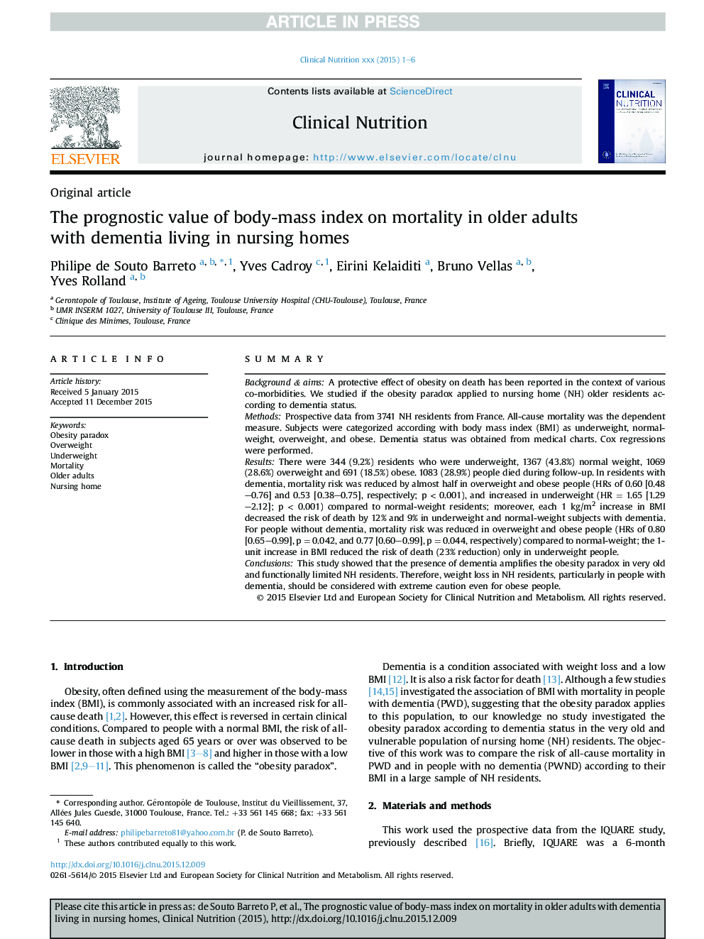 The prognostic value of body-mass index on mortality in older adults with dementia living in nursing homes