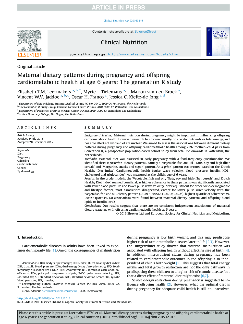 عکس صفحه اول مقاله: Maternal dietary patterns during pregnancy and offspring cardiometabolic health at age 6 years: The generation R study Maternal dietary patterns during pregnancy and offspring cardiometabolic health at age 6 years: The generation R study
