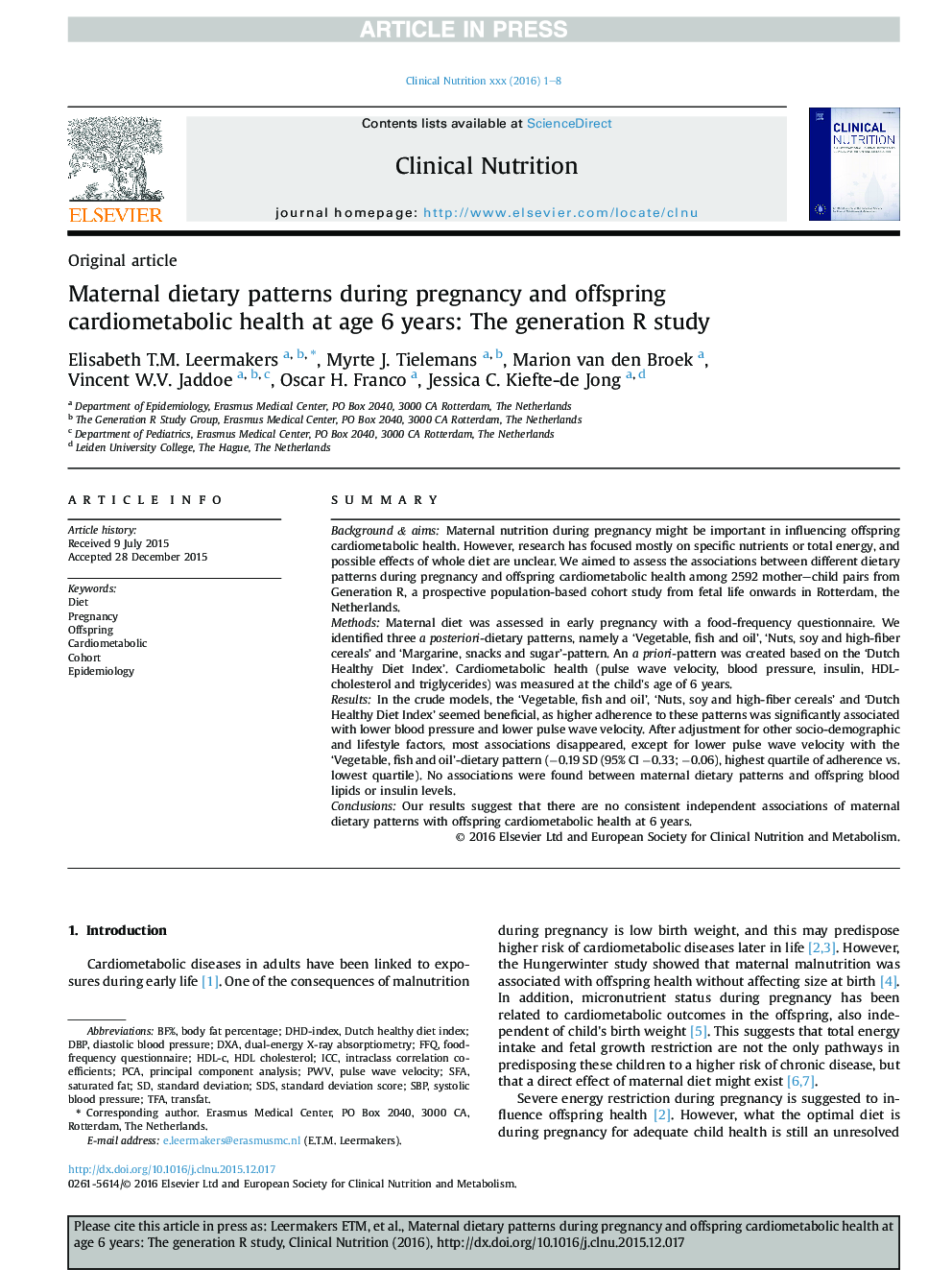 Maternal dietary patterns during pregnancy and offspring cardiometabolic health at age 6 years: The generation R study