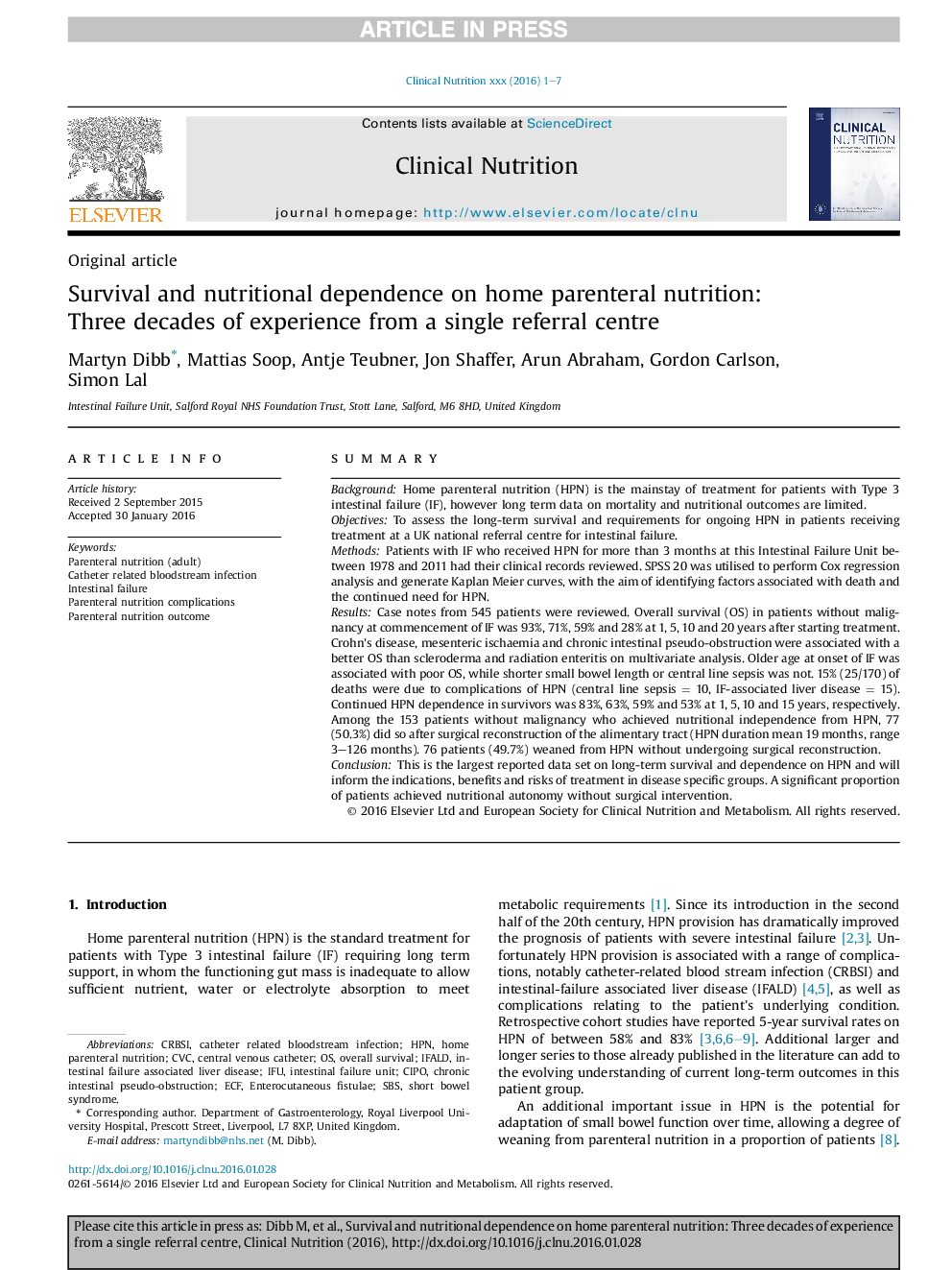 Survival and nutritional dependence on home parenteral nutrition: Three decades of experience from a single referral centre