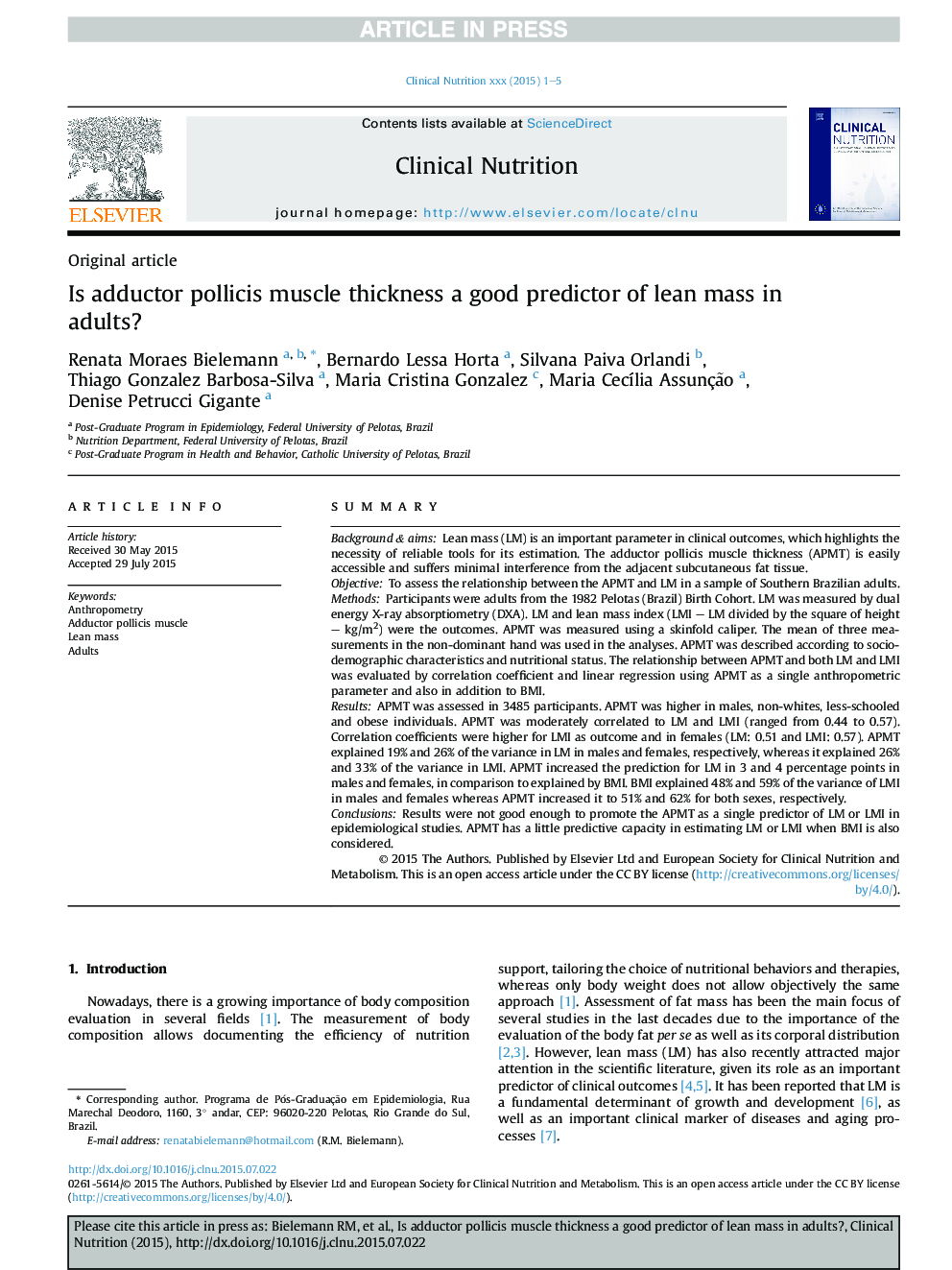 Is adductor pollicis muscle thickness a good predictor of lean mass in adults?