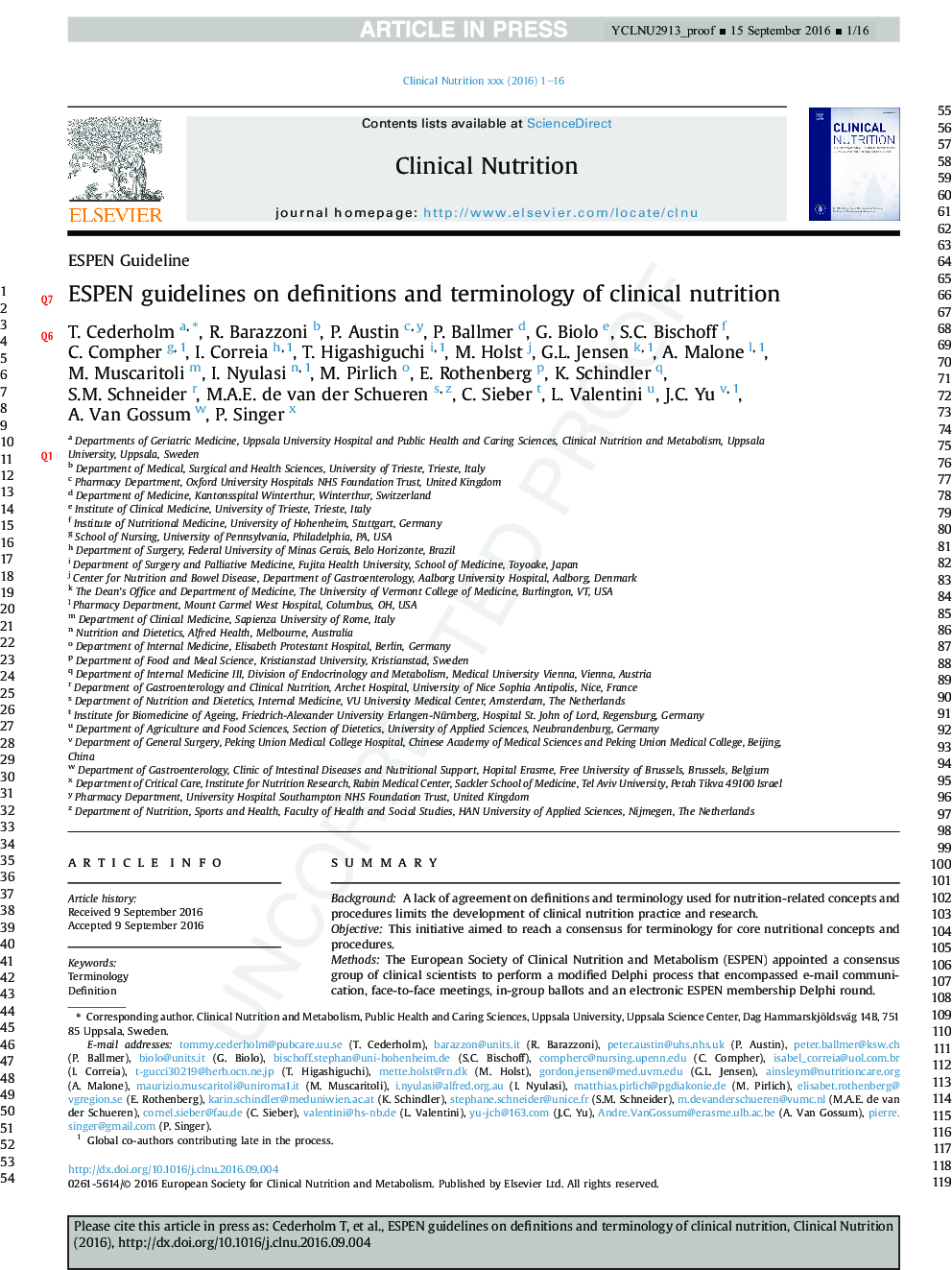 ESPEN guidelines on definitions and terminology of clinical nutrition