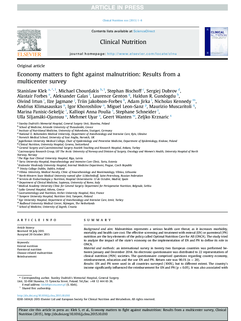 Economy matters to fight against malnutrition: Results from a multicenter survey