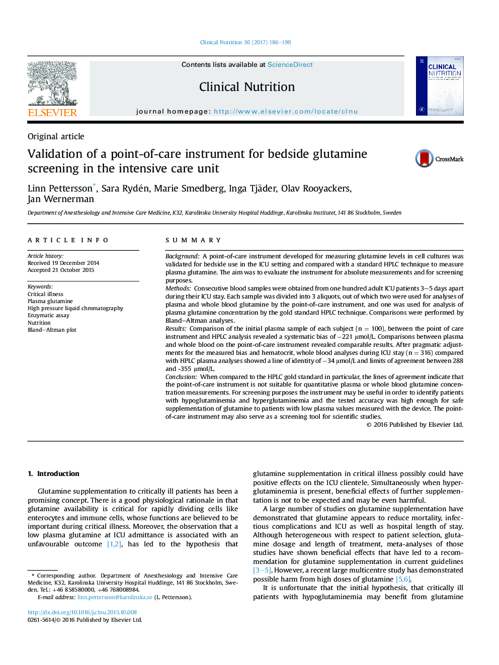 Original articleValidation of a point-of-care instrument for bedside glutamine screening in the intensive care unit