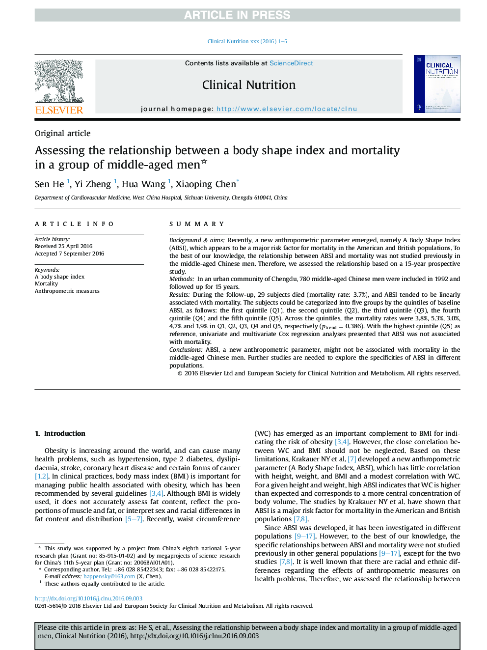 Assessing the relationship between a body shape index and mortality in a group of middle-aged men