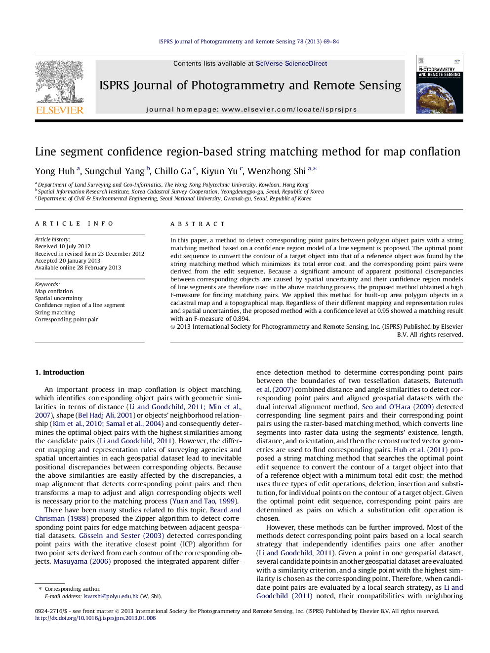 Line segment confidence region-based string matching method for map conflation