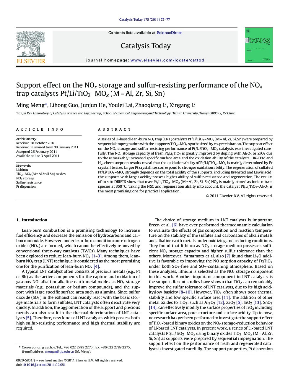 Support effect on the NOx storage and sulfur-resisting performance of the NOx trap catalysts Pt/Li/TiO2–MOx (M = Al, Zr, Si, Sn)