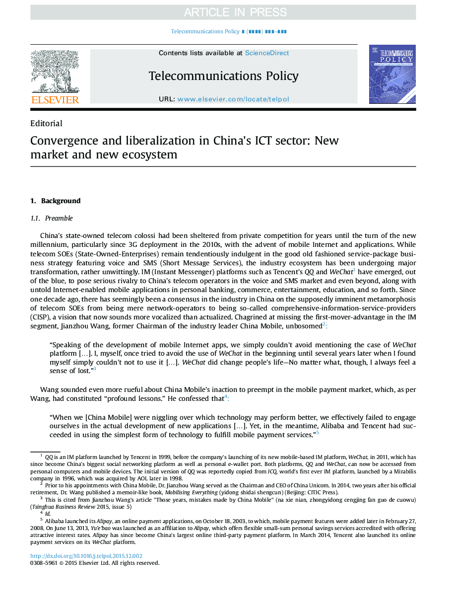 Convergence and liberalization in China×³s ICT sector: New market and new ecosystem