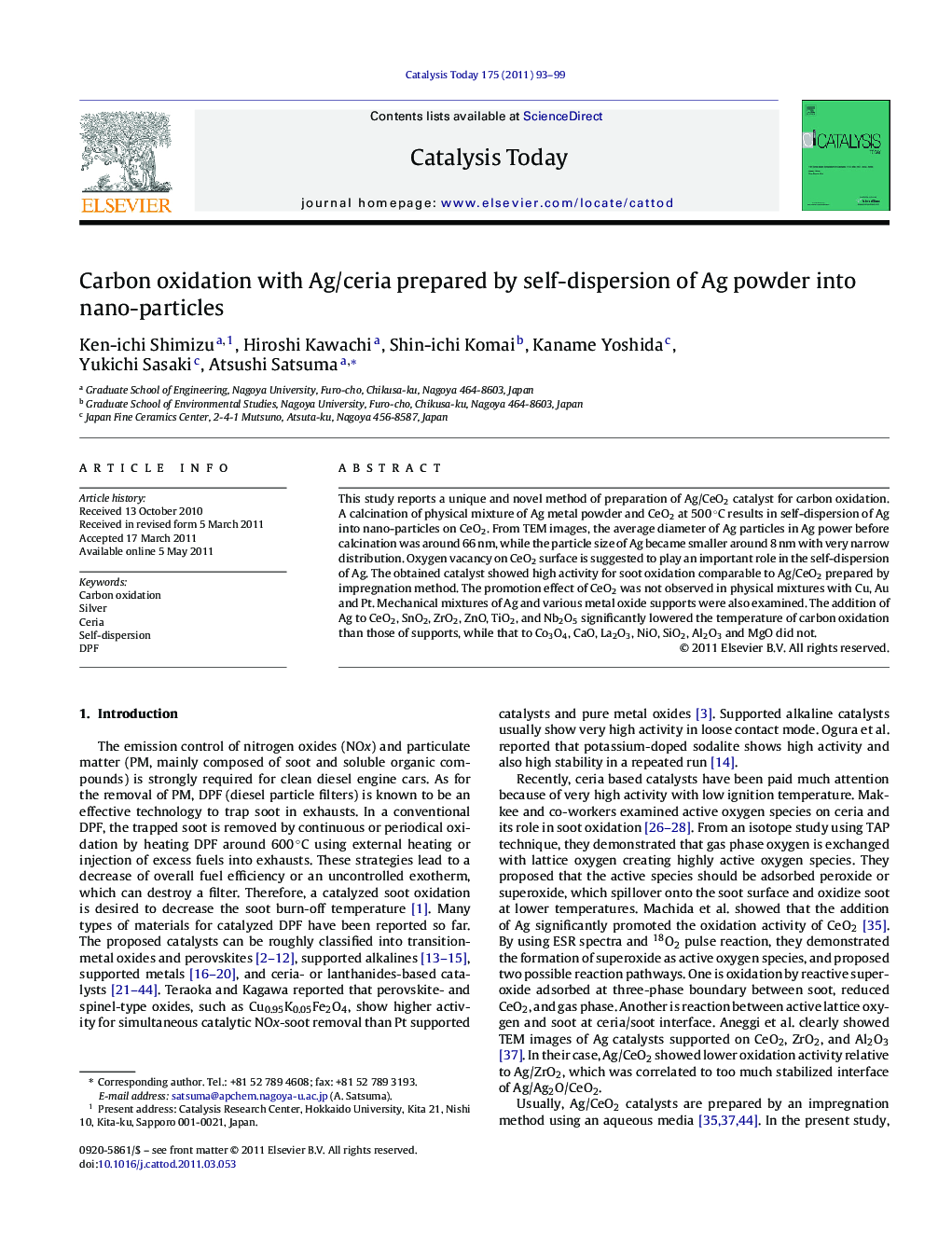 Carbon oxidation with Ag/ceria prepared by self-dispersion of Ag powder into nano-particles