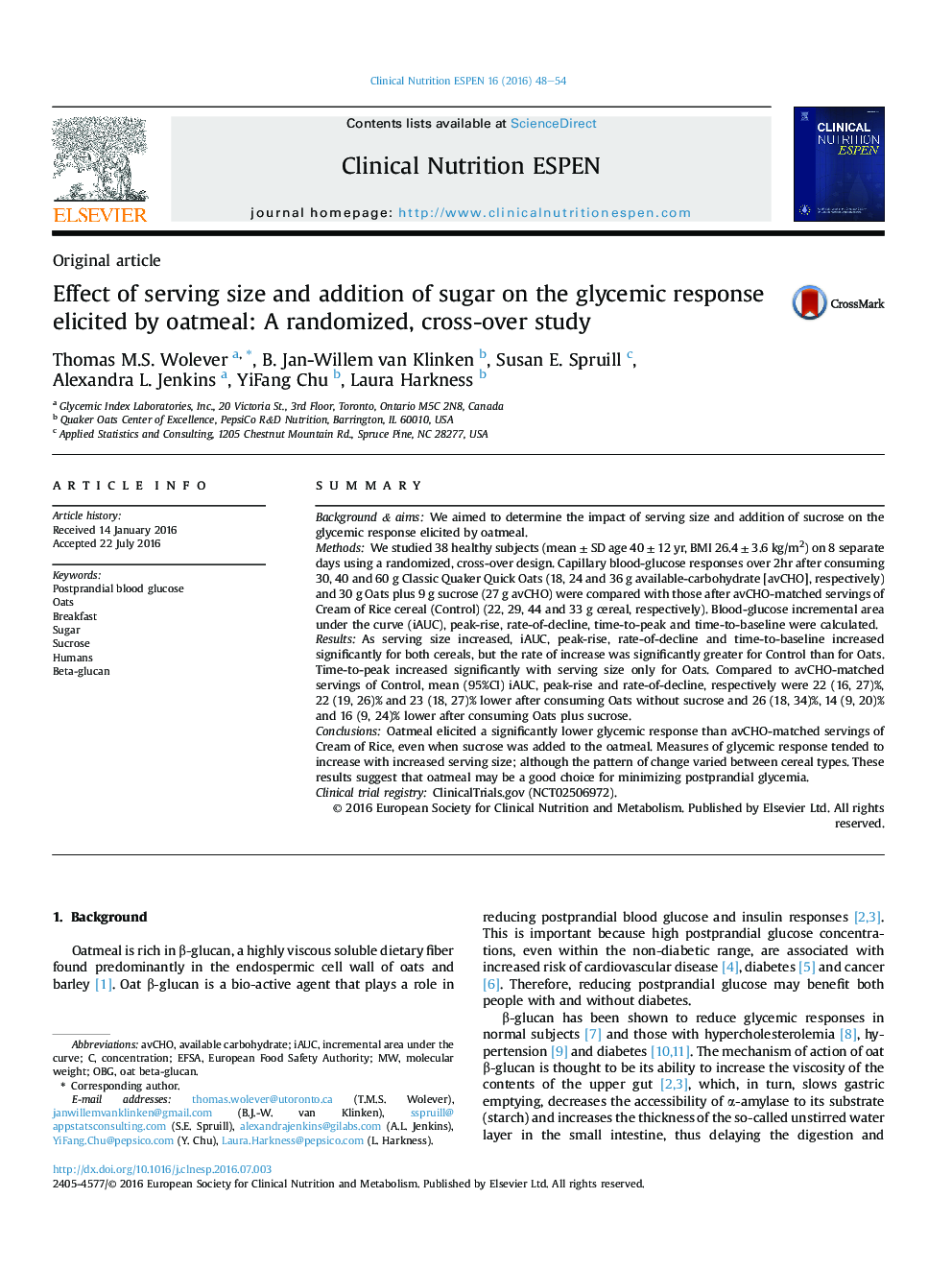 Original articleEffect of serving size and addition of sugar on the glycemic response elicited by oatmeal: A randomized, cross-over study