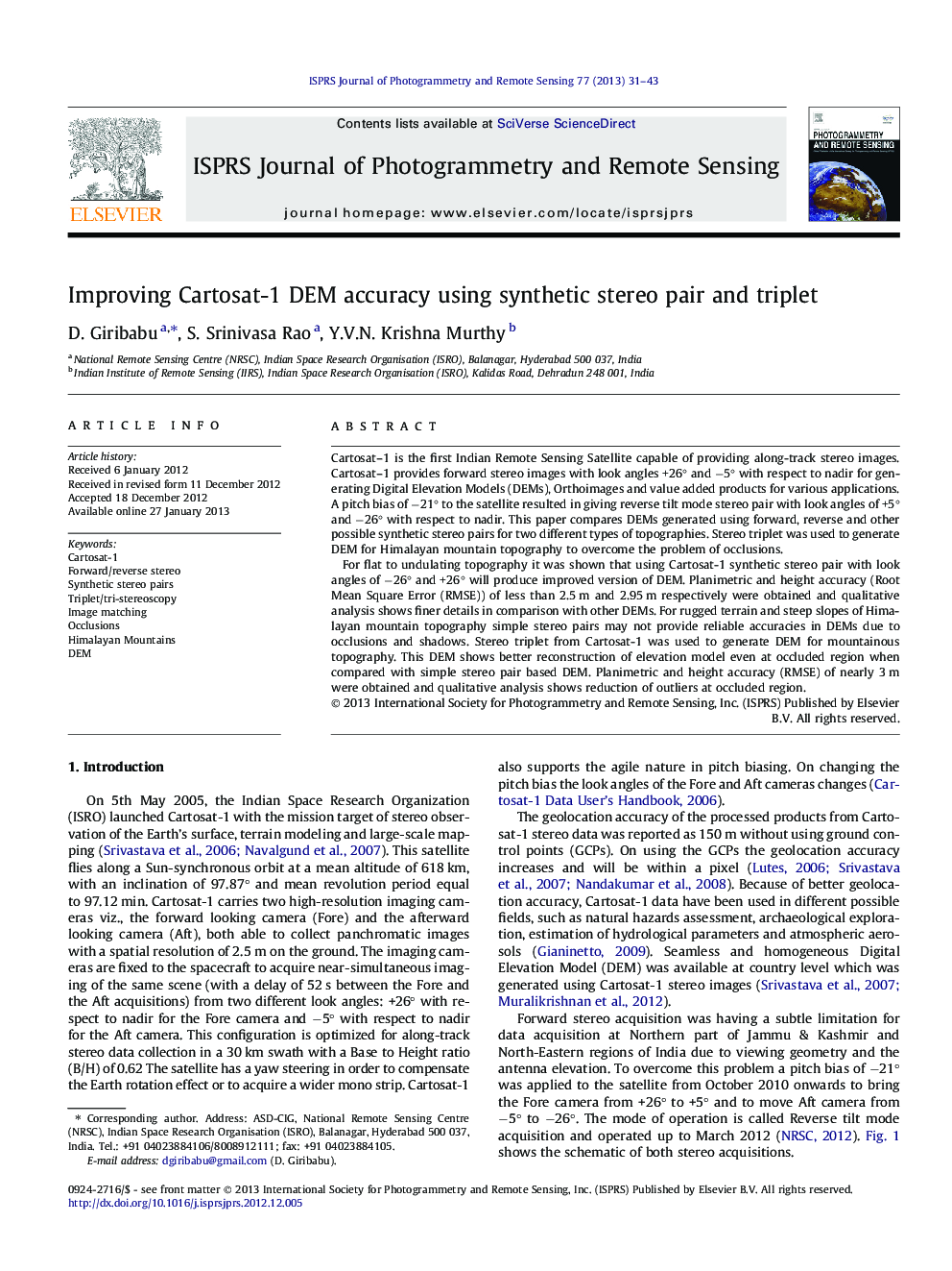 Improving Cartosat-1 DEM accuracy using synthetic stereo pair and triplet