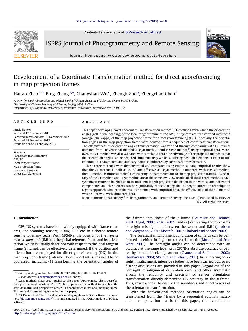 Development of a Coordinate Transformation method for direct georeferencing in map projection frames