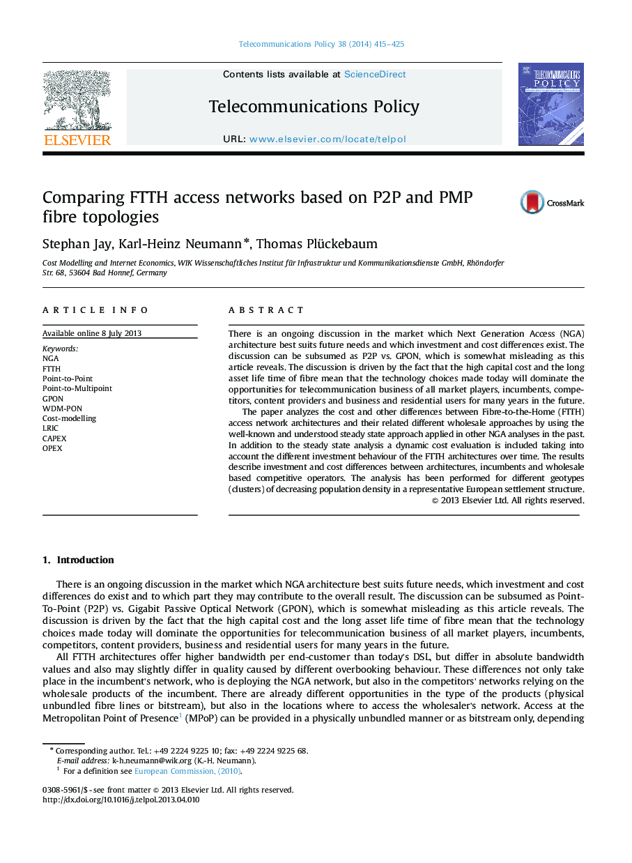 Comparing FTTH access networks based on P2P and PMP fibre topologies