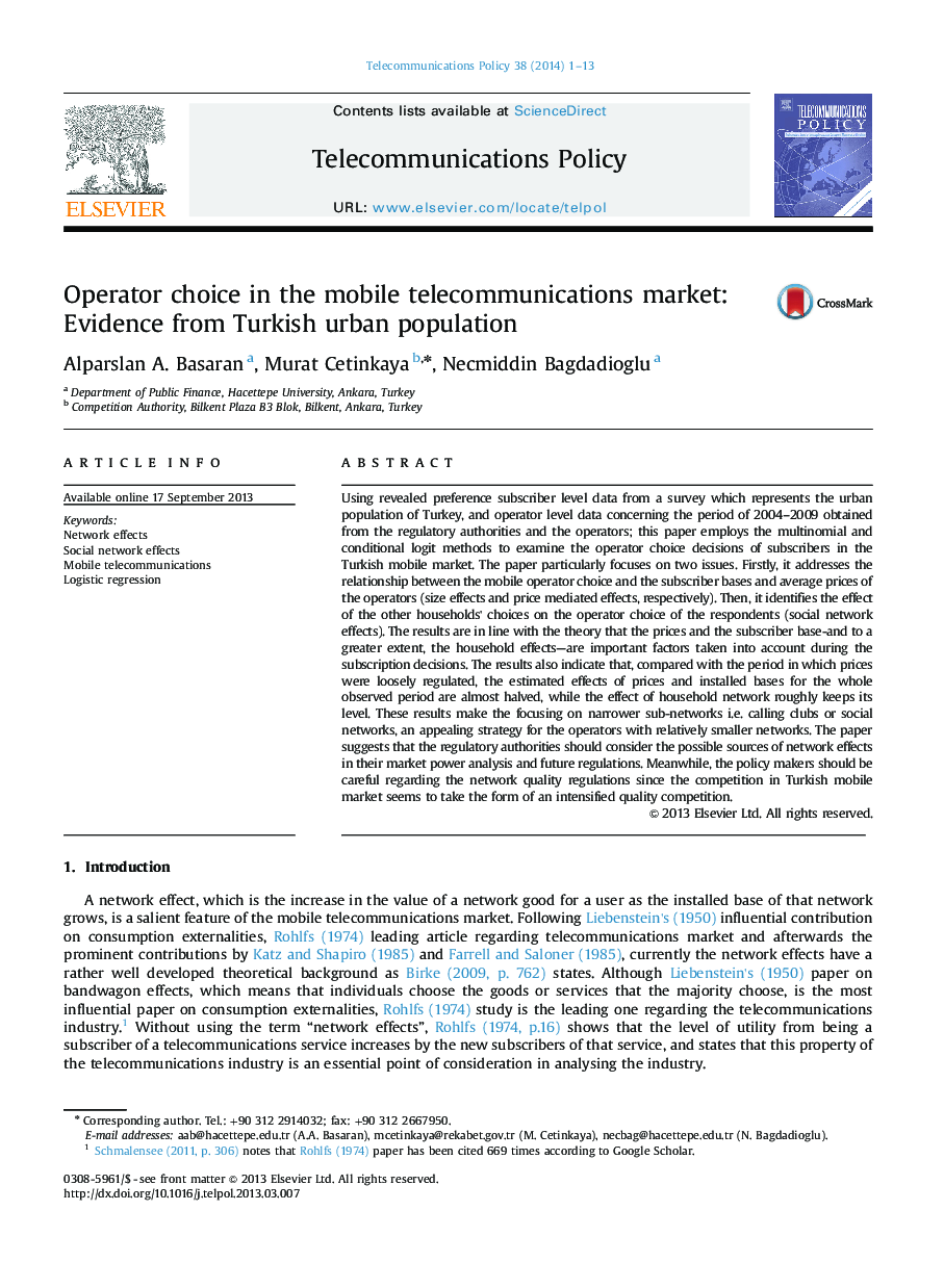 Operator choice in the mobile telecommunications market: Evidence from Turkish urban population