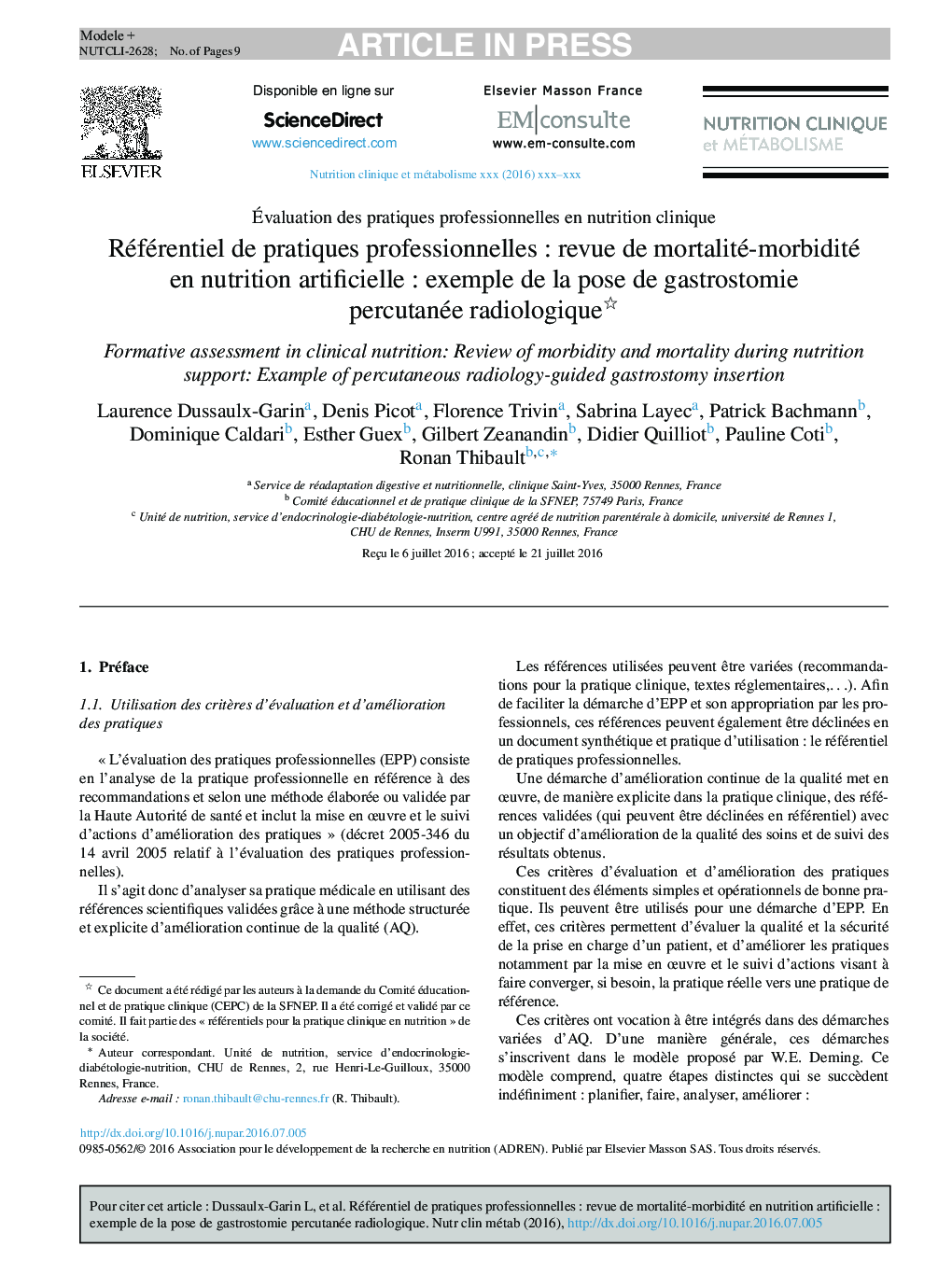 Référentiel de pratiques professionnellesÂ : revue de mortalité-morbidité en nutrition artificielleÂ : exemple de la pose de gastrostomie percutanée radiologique