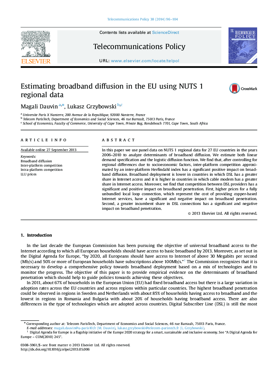 عکس صفحه اول مقاله: Estimating broadband diffusion in the EU using NUTS 1 regional data Estimating broadband diffusion in the EU using NUTS 1 regional data