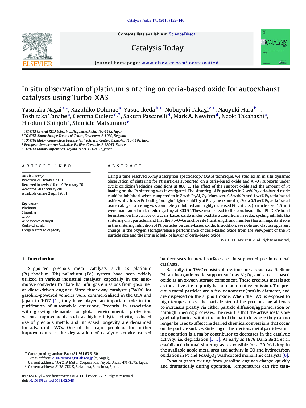 In situ observation of platinum sintering on ceria-based oxide for autoexhaust catalysts using Turbo-XAS