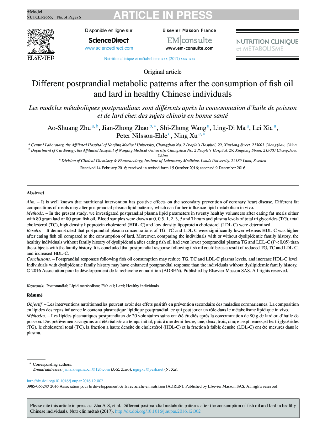 Different postprandial metabolic patterns after the consumption of fish oil and lard in healthy Chinese individuals