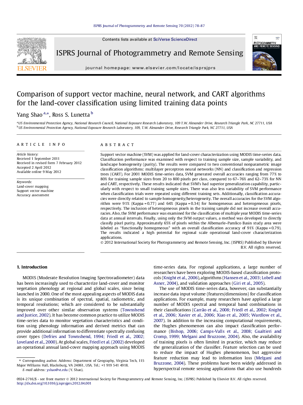 Comparison of support vector machine, neural network, and CART algorithms for the land-cover classification using limited training data points